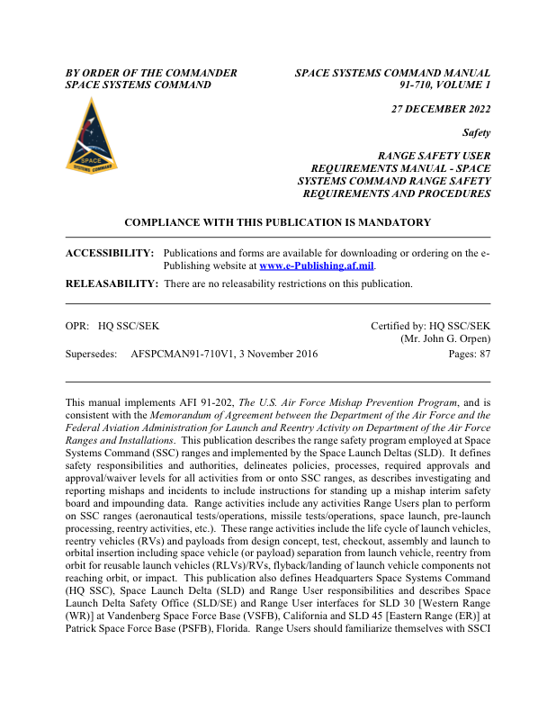 Cover page of AFSPCMAN 91-710 / SSCMAN 91-710 Vol 1